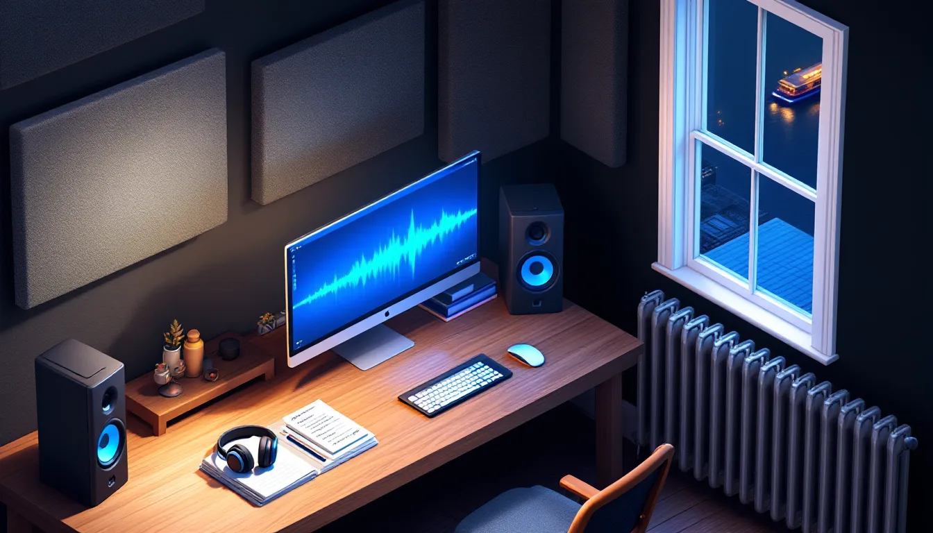 Isometric render of a small editing room: walnut desk, headphones on a stack of cut lists, a monitor showing a cyan waveform, felt-wrapped acoustic panels and a radiator below a harbor window at dusk