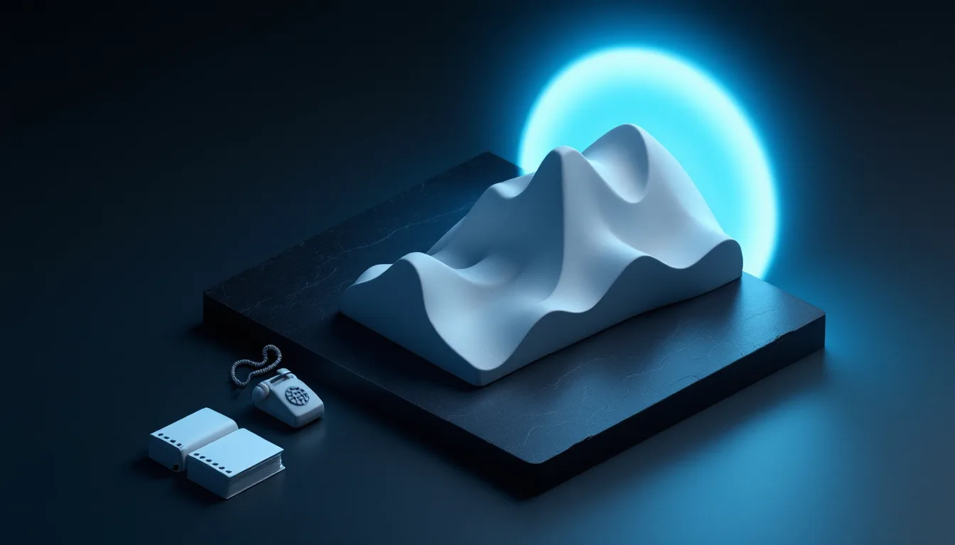 Isometric render of a sculpted white clay waveform on a dark plinth beside a telephone handset, glowing cyan behind