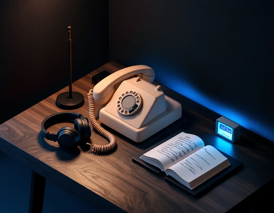 Isometric render of a rotary desk telephone on a walnut editing desk beside headphones and a notepad of handwritten timecodes, lit in soft cyan