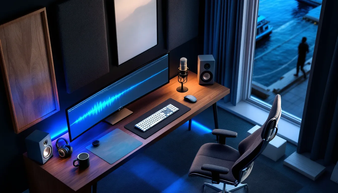 Isometric render of a small editing room with a walnut desk, headphones, studio monitors and a monitor showing a cyan waveform, a harbor window behind