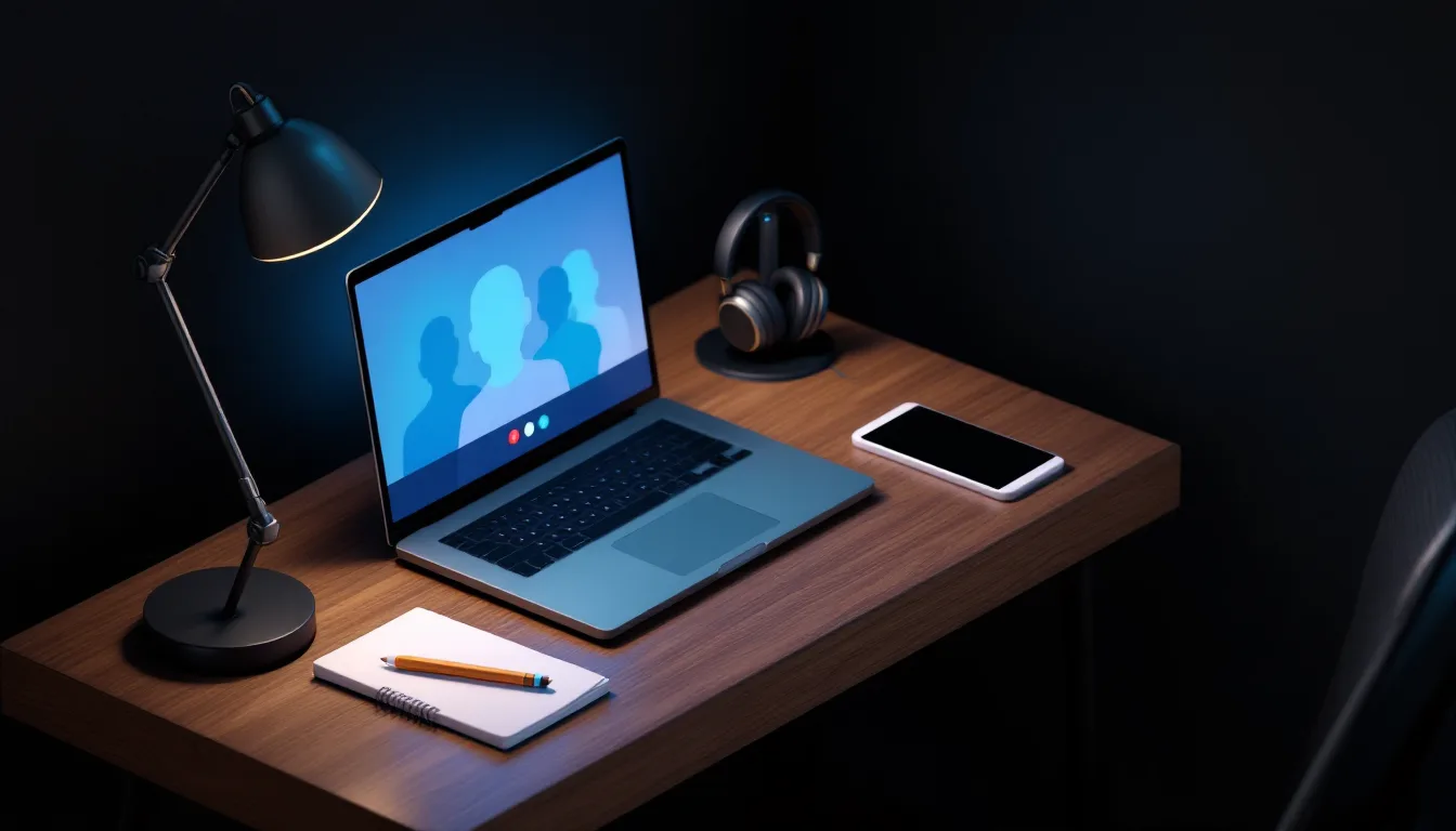 Isometric render of a laptop showing a video call beside headphones on a stand and a glowing cyan level meter